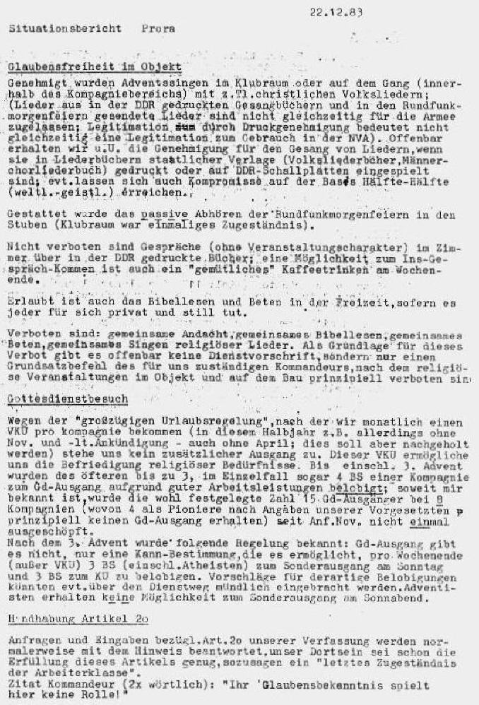 Situationsbericht Prora 22.12.83